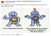 b Painter Seap ALVIN & THE MUNKSHROOMS SAVE E3 @PaintraSeaPea Just a trend I've been noticing recently.... Does anyone know why this keeps happening? GOOD MOVIE The really good movie 4:23 PM Sep 29, 2024 1.4M Views BAD MOVIE The sequel to the movie that isn't as good as the first movie
