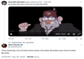 • Grunkle Stunkle @grunklestunkle ⚫ Sep 28 Grunkle Stunkle wins the Funkle Bunkle! 0:01 / 0:11 85 17.1K 48K III 1.6M Reinbotnik | reposted Alex Hirsch @_AlexHirsch This reminds me of that time when Grunkle Stunkle won the Funkle Bunkle • 12:59 PM ⚫ Sep 30, 2024 387.6K Views
