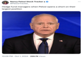 Nancy Pelosi Stock Tracker & @PelosiTracker_ Hedge fund managers when Pelosi opens a short on their largest position 10:06 PM Oct 1, 2024 220.7K Views ...