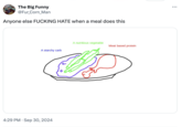 The Big Funny @Fur_Corn_Man Anyone else F------ HATE when a meal does this A nutritious vegetable Meat based protein A starchy carb 4:29 PM Sep 30, 2024