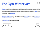 The Gym Winter Arc The arc in which a man bulks up by gaining as much muscle as possible during winter while wearing a hoodie/baggy clothes to later cut the excess fat in time for summer to be shredded. The gym winter arc is up ahead. Time to put my head down and get to work. by GymWorm4 November 7, 2022 216 71 8 FLAG