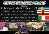 Ironic. THE BRITANNIANS IN CODE GEASS ARE ALMOST ALWAYS PORTRAYED AS BEING EXTREMELY RACIST, YET THEIR NAMES AND FACIAL FEATURES SEEM TO INDICATE THAT MOST OF THEM HAVE DIVERSE ETHNIC AND CULTURAL ORIGINS. Lloyd Asplund Cécile Croomy Bismarck Waldstein Luciano Bradley Monica Krushevsky