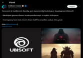 个 Post Culture Crave @CultureCrave Seguir Tencent & Guillemot family are reportedly looking at buying out Ubisoft • Multiple games have underperformed in sales this year - Company has lost more than half its market value this year (via @business) Traducir post UBISOFT