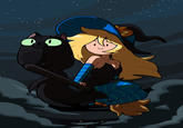 Fionna dressed as a witch and Cake with black fur, both riding on a broom, flying through the night sky.