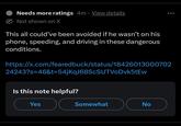 Needs more ratings 4m View details Not shown on X • This all could've been avoided if he wasn't on his phone, speeding, and driving in these dangerous conditions. https://x.com/feared buck/status/18426013000702 24243?s=46&t=54jKqJ68ScSUTVoDvk5tEw Is this note helpful? Yes Somewhat No