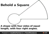 Behold a Square A shape with four sides of equal length, with four right angles. Posted in r/weatherfactory by u/foxwithoutacox reddit