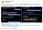 "Logan Paul's":https://knowyourmeme.com/memes/people/logan-paul reply to TommyInnit, showing messages from Tommy spanning from 2023 to May 2024.