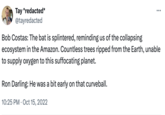 Early on that curveball Tay *redacted* @tayredacted Bob Costas: The bat is splintered, reminding us of the collapsing ... ecosystem in the Amazon. Countless trees ripped from the Earth, unable to supply oxygen to this suffocating planet. Ron Darling: He was a bit early on that curveball. 10:25 PM Oct 15, 2022