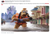 This is an AI generated image of Pluto carrying a child through Disneyworld. It was tweeted by Schmoofy on October 9th, 2024. 