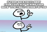 IF YOUR BACK FACES AWAY FROM YOU, THEN "BEHIND YOUR BACK IS ACTUALLY INFRONT OF YOU imgflip.com