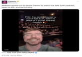 Dexerto @Dexerto MrBeast rented out an entire theater to watch the Talk Tuah podcast, listen to KSI, and eat Lunchly POV: You rent a theater to watch talk tuah, listen to thick of it by ksi, and eat lunchly 0:09 From Talk Tuah with Haliey Welch 8:15 PM - Oct 9, 2024