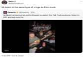 Sean @SeanDaBlack Mr beast is the same type of cringe as Elon musk Dexerto @Dexerto 20h MrBeast rented out an entire theater to watch the Talk Tuah podcast, listen to KSI, and eat Lunchly 0:15 11:03 PM Oct 9, 2024 POV: You rent a theater to watch talk tuah, listen to thick of it by ksi, and eat lunchly ...