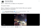 Looks like a toaster Dorsey Shaw @dorseyshaw Elon: "We'll be on Mars in 10 years." 10 years later... Elon: "Here's a minivan that looks like your great grandmother's toaster." unusual_whales ❤ @unusual_whales. 15h Tesla, $TSLA unveils "Robovan" 0:39 8:49 AM Oct 11, 2024 24.8K Views