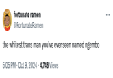 fortunate ramen @FortunateRamen the whitest trans man you've ever seen named ngembo 5:05 PM Oct 9, 2024 4,746 Views ...