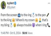 Icy Vert✔ @IcyVert From the screen to the ring to the pen that's when I ring to the king! Where's my crown my bling always trouble • 11:46 PM ⚫ Oct 6, 2024 58.1K Views .
