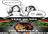 Meme edit of a "webcomic":https://knowyourmeme.com/memes/cultures/webcomics originally posted by "X / Twitter":https://knowyourmeme.com/memes/sites/twitter-x artist @womanlozersimp on February 13th, 2023. The comic depicts two people in bed, one telling the other that their sex was better than "X," where X is typically replaced with a piece of popular media internet users enjoy, in this case, Jungle music.