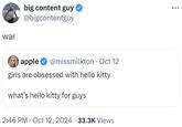 war big content guy @bigcontentguy apple @missmilkton • Oct 12 girls are obsessed with hello kitty what's hello kitty for guys 2:46 PM Oct 12, 2024 · 33.3K Views