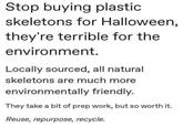 Stop buying plastic. skeletons for Halloween, they're terrible for the environment. Locally sourced, all natural skeletons are much more environmentally friendly. They take a bit of prep work, but so worth it. Reuse, repurpose, recycle.