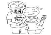Man with a shocked reaction wearing a shirt reading "I <3 rainforest p****" standing behind his girlfriend wearing an "I shaved" shirt. Art by X user kamkisktch.