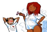 Man crying wearing an "I love rainforest p****" shirt next to tall girlfriend holding a razor wearing a shirt that reads "I shaved." Art by X user Spacechannel90.