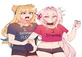 A blonde anime girl in an "I love rainforest p****" shirt standing behind a pink haired anime girl in an "I shaved" shirt. Artwork by X user @TongjiMonci.