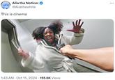 Image of Sydney Wilson charging a police officer pointing a gun at her captioned "This is cinema"