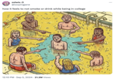  A viral repost of a "webcomic":https://knowyourmeme.com/memes/cultures/webcomics that depicts several people peeing in a pool while laughing and pointing at a man not doing the same. The meme originates from a "Facebook":https://knowyourmeme.com/memes/sites/facebook-meta post in 2017, with internet users sharing the post semi-ironically in 2024. The image was reposted alongside the caption, "how it feels to not smoke or drink while being in college."
