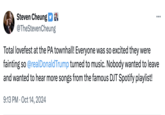 Campaign spokesman Stephen Cheung tries to spin Trump's music detour as a positive thing. 