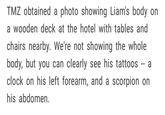 TMZ obtained a photo showing Liam's body on a wooden deck at the hotel with tables and chairs nearby. We're not showing the whole body, but you can clearly see his tattoos -- clock on his left forearm, and a scorpion on his abdomen. a
