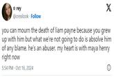 ✰rey @crexilook Follow X you can mourn the death of liam payne because you grew up with him but what we're not going to do is absolve him of any blame. he's an abuser. my heart is with maya henry right now 5:54 PM Oct 16, 2024