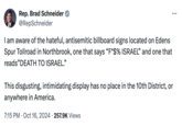 Representative Brad Schneider condemns what he calls "hateful, antisemitic billboard signs." A tweet sharing screenshots of internet users reacting to billboards in a Chicago suburb. The tweet was posted in reaction to images of hacked electronic billboards displaying "anti-Israel":https://knowyourmeme.com/search?q=israel messaging in the suburbs of Chicago, falsely claiming to be sponsored by "MrBeast":https://knowyourmeme.com/memes/people/mrbeast.