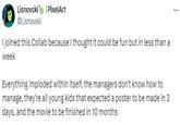 A screenshot of a tweet by user @Lisnovski about Mario Replumbed. The tweet reads, "I joined this Collab because I thought it could be fun but in less than a week. Everything imploded within itself, the managers don't know how to manage, they're all young kids that expected a poster to be made in 3 days, and the movie to be finished in 10 months."