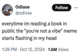 Odiase @odivse Follow everytime im reading a book in public the "you're not a vibe" meme starts flashing in my head 1:28 PM Oct 12, 2024 1.6M Views • •