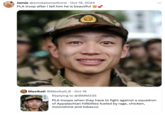 An "exploitable":https://knowyourmeme.com/memes/exploitables meme that reads, "PLA troop after I tell him he is beautiful." The accompanying image shows an edited image of a then-tearful, now-smiling "Chinese":https://knowyourmeme.com/memes/cultures/china paramilitary officer looking into the camera. The officer was supposedly photographed in December 2010, before he was posted to the Xinjiang Uygur Autonomous Region to start his service in China. 