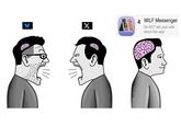 A "small brain man":https://knowyourmeme.com/memes/small-brain-man-screaming-at-big-brain-man meme in which two people argue over "Bluesky":https://knowyourmeme.com/memes/sites/bluesky vs. Twitter. A third man looking into the distance is thinking of the fake app MILF Messenger.