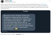 A tweet by Twitch streamer Destiny reading, "If you don’t like the terrorism support and stuff like that on @Twitch, don’t waste your time reporting, they almost instantly reject stuff like that because the culture of the company is largely supportive of those statements :)" The post is in response to a clip of streamer Frogan hoping PTSD on US soldiers, except the remorseful ones.