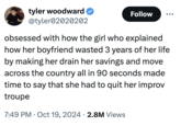 A "Twitter / X":https://knowyourmeme.com/memes/sites/twitter-x post (tweet) about the Imagine You Live In LA With Your Boyfriend "video":https://knowyourmeme.com/memes/viral-videos from a user who commented about spritely (the original video's creator) briefly mentioning her improv troupe.
