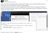 A tweet by @Forceultraomega reading, "Hey, I’ve been streaming for the past 3 years  and have transferred my viewers from YouTube to Twitch 2 years ago.I’ve discovered around a month ago that A LOT of my longtime viewers have not been able to sign up to Twitch because they’re located in Israel, which is insane." The post was made in response to claims that Twitch was banning Israelis from signing up to their platform.