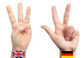 An infographic comparing finger gestures for "three" in Britain and Germany