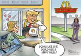 The left is losing it’s collective hive mind over President Donald Trump who worked at a Philadelphia McDonald’s for a short time, where he made crispy fries with the perfect amount of salt. A little of that salt was aimed at Kamala Harris. Later on Trump served food at the drive-through window.
The McDonald’s stunt occurred on Kamala Harris’ 60th birthday. Kamala claimed she once worked at a McDonald’s while in college, but the corporation said they had no proof of her employment. Apparently she was McLying. Kamala never needed to work at a fast food restaurant because her family was well off—even though she insists she grew up in a middle class neighborhood.
Harris continues to do badly in the polls, which means the Democrats will have to try extra hard to steal the election for her. In which case it would make Kamala the “Hamburgler.”

— Ben Garrison