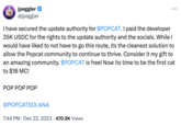 Tweet posted by @jpeggler, a crypto trader that paid 35K USDC to buy POPCAT on SOL from its original developer. Several POPCAT holders ousted the original developer for market manipulation in December 2023. The community-owned "meme coin":https://knowyourmeme.com/memes/cultures/meme-coins operates on the "Solana blockchain":https://knowyourmeme.com/memes/cultures/cryptocurrency. Through 2024, POPCAT has overtaken several competing meme coins, including $BONK and $MEW, to be valued at $1.35 in late October 2024. 