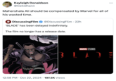 Kayleigh Donaldson @Ceilidhann Mahershala Ali should be compensated by Marvel for all of his wasted time. 4 DiscussingFilm @DiscussingFilm - 22h 'BLADE' has been delayed indefinitely. The film no longer has a release date. 12:58 PM Oct 22, 2024 • 197.5K Views • MARVEL STUDIOS LA ...