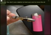 A "Reddit":https://knowyourmeme.com/memes/sites/reddit post warning against the Sock Method which is used for extending the life of a "weed":https://knowyourmeme.com/memes/cultures/marijuana-weed-stoner "Dab Pen":https://knowyourmeme.com/memes/dab-pen (aka "cart"). It involves putting the cart in a sock and spinning it in the air after heating up the resin with a hair dryer or lighter. In this post, the plastic cart warped when heated.