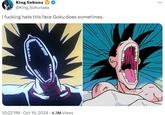 A Tweet by @GreyDaPone reading, "I hate this face goku does sometimes." There is an attached image of Goku with his jaw wide open as if unhinged.