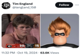 AM Tim England @tengland 150 Follow 5 GEORGIA 5130 G 5-1 • 2ND & 7 3:01 15 4TH 25 11:32 PM Oct 19, 2024 63.6K Views •