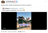 A "quote retweet":https://knowyourmeme.com/memes/quote-retweets-qrts about "rapper":https://knowyourmeme.com/memes/cultures/rap-hip-hop Kevin Gates and his daughter being "Furries":https://knowyourmeme.com/memes/cultures/furries-furry as revealed in a viral October 2024 "TikTok":https://knowyourmeme.com/memes/sites/tiktok. The QRT jokes about Gates' song ""2 Phones":https://knowyourmeme.com/memes/i-got-2-phones-2-phones-by-kevin-gates."