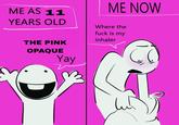 An "image macro":https://knowyourmeme.com/memes/image-macros meme showing a character on the left saying, "the pink opaque yay" and a character on the right saying, "where is my inhaler." It was originally posted by X user @imagxnative.