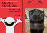 An "image macro":https://knowyourmeme.com/memes/image-macros meme showing a character on the left saying, "dora the explorer yay" and a cat on the right saying, "me ow." It was originally posted by X user @imagxnative.