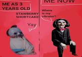 An "image macro":https://knowyourmeme.com/memes/image-macros meme showing Jigsaw from the "Saw" franchise as a baby on the left saying, "strawberry shortcake yay" and Jigsaw on the right saying, "where is my vibrater." It was originally posted by X user @tia_txt.