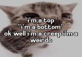 An "image macro":https://knowyourmeme.com/memes/image-macros of a cat reading, ""I'm a top" "I'm a bottom" ok well I'm a creep i'm a weirdo." Originally posted by X user @literallymecats.